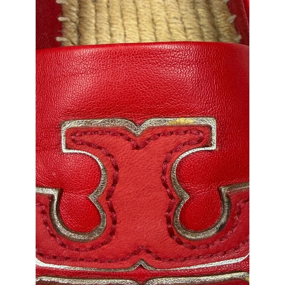Tory Burch Ines Red Leather Espadrille Flats Double T Logo 52035 Womens 6.5M